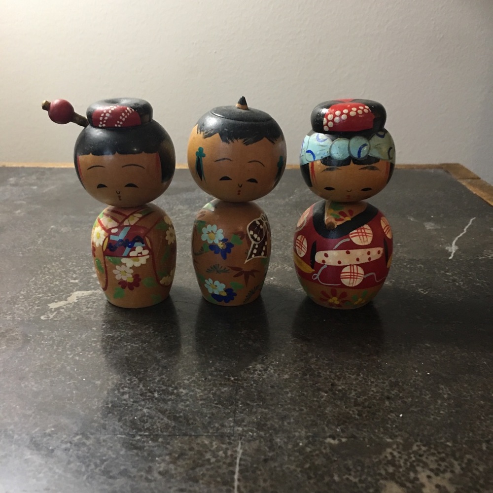 Vintage Japanese Kokeshi Dolls With Bobble Head